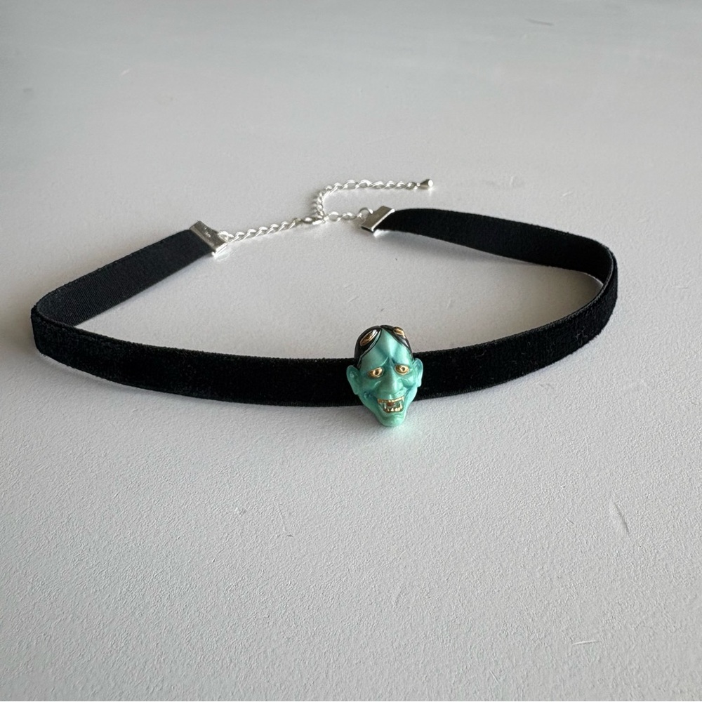 Vintage Japanese Toshikane Demon Mask Button, Stretchy Velvet Choker Necklace